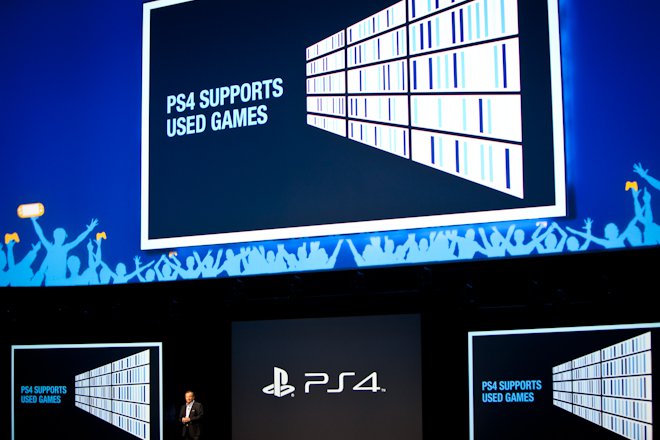 Sony press conference with the words PS4 Supports Used Games on multiple screens