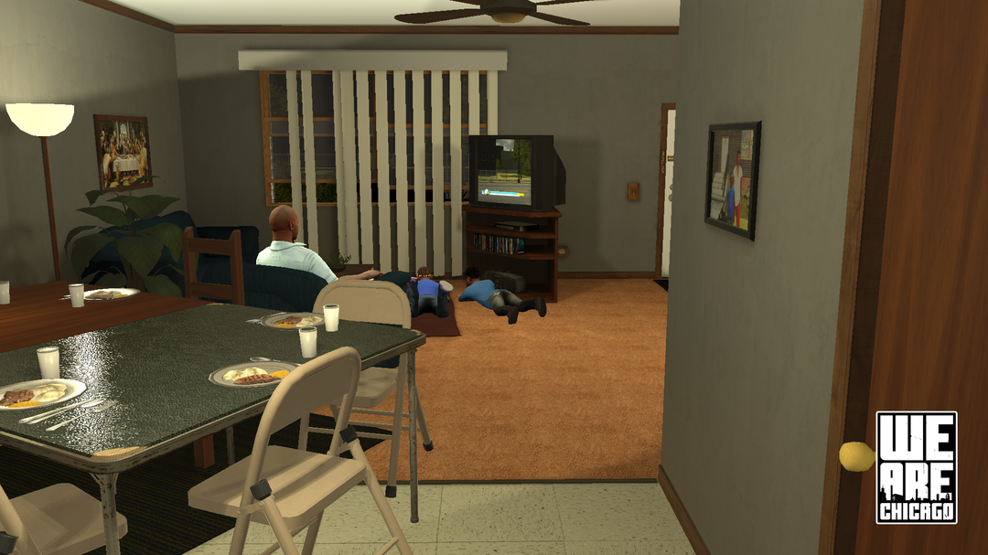 We Are Chicago: Screenshot of the player's family sitting at home watching television