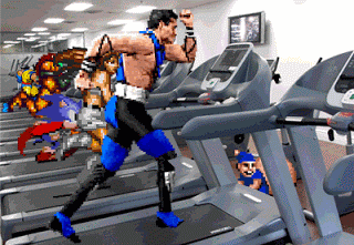 game characters running on treadmills